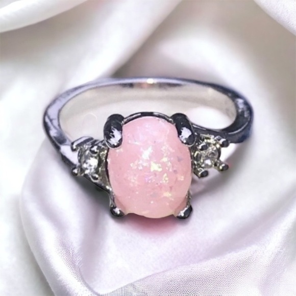 Women’s Pink Fire Opal Ring With Cubic Zirconias - Picture 2 of 6
